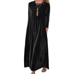 Melliflo Velvet Dress for Women Casual Crewneck Shirt Dresses Elegant Cocktail Long Sleeve Maxi Dress with Pocket (XX-Large Plus, Black)