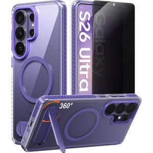 JUESHITUO Magnetic Stand for Samsung Galaxy S26 Ultra Case Clear, Fit for MagSafe, 16FT Military-Grade Protection,with Privacy Screen ProtectorX1,Camera Guard for S26 Ultra Case-Purple