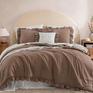 BLOOMHAVEN Queen Comforter Set - 7 Pieces Ruffle Amber Brown Bedding Sets, Shabby Chic Farmhouse Bed in a Bag with Ruffle Comforter, Floral Sheets, Pillowcases & Shams