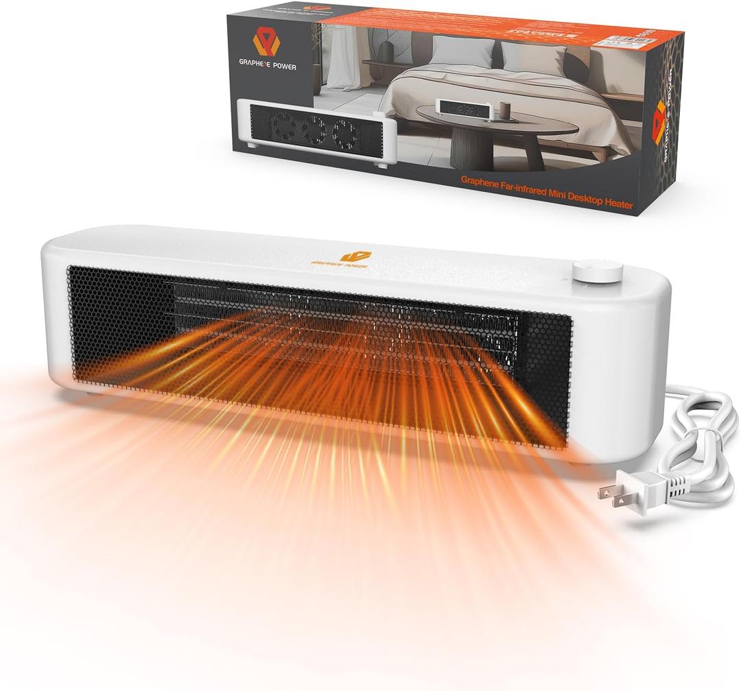 500W Graphene Far-Infrared Mini Desktop Heater, Low-Noise Personal Space Heater with Overheat Protection, Compact Under-Desk & Office Heater, 2 Heat Settings, Safe-Touch Housing