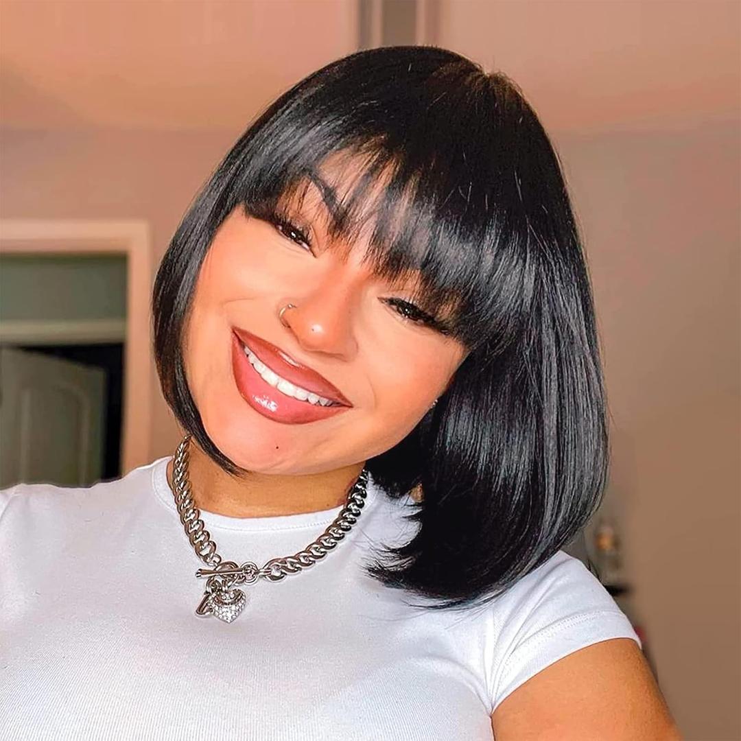 ToyoTress Black Bob Wig With Bangs - 12 Inch Short Bob Wig For Black Women Hair Daily Costume, Light Yaki Straight Synthetic Hair Wigs Heat Resistant (12 Inch, 1B-612H)