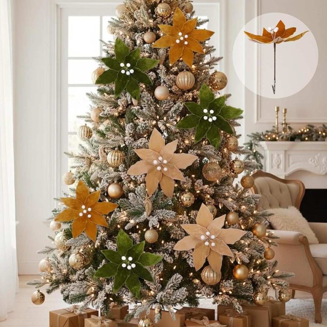 Janinka 36pcs 11" Large Velvet Christmas Poinsettia Flowers Clips on Velvet Floral Picks Artificial Poinsettia with 6" Stem for Xmas Tree, Wreath DIY, Mantel, Holiday Decoration Set(White Green Brown)