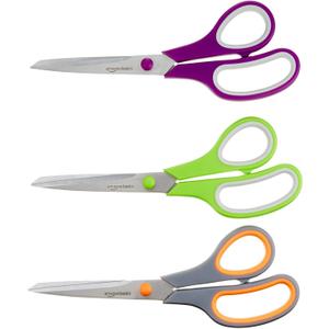 Amazon Basics Stainless Steel Scissors for Office, Crafts, Multipurpose, Sharp, Comfort Grip, PVD Coated, 3 Pack, Multicolor