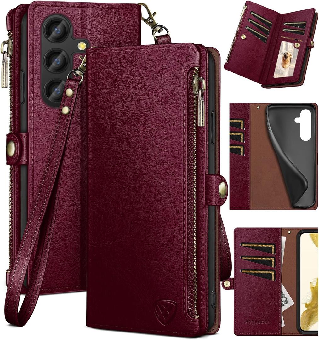 XcaseBar for S24 5G Wallet case with Zipper Credit Card Holder RFID Blocking,Flip Folio Book PU Leather Shockproof Protective Cover Women Men for S24 Phone case Wine Red