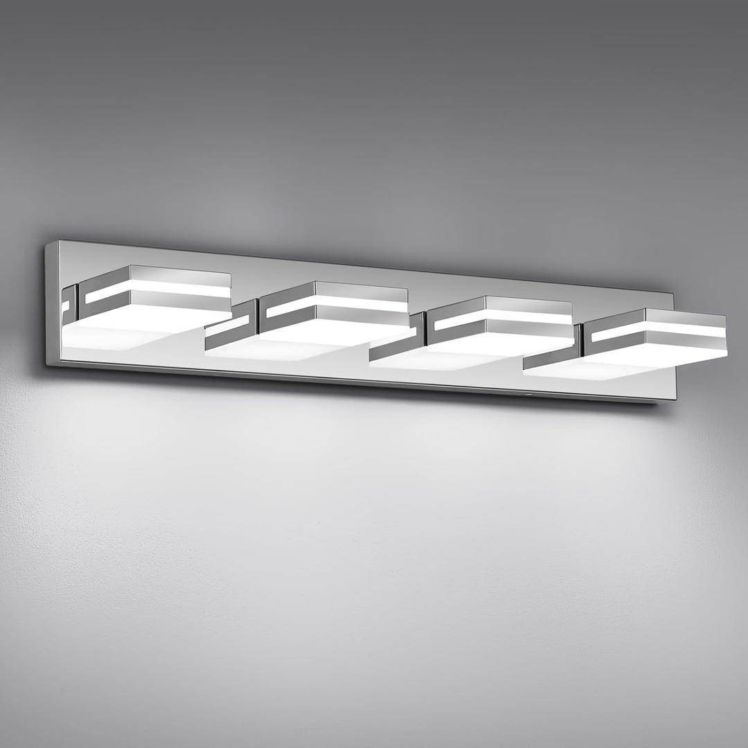 Modern LED Bathroom Lights Fixtures 4-Light,Stainless Steel Chrome Acrylic Wall Lighting,Vanity Lights for Bathroom Over Mirror 6000k 27in