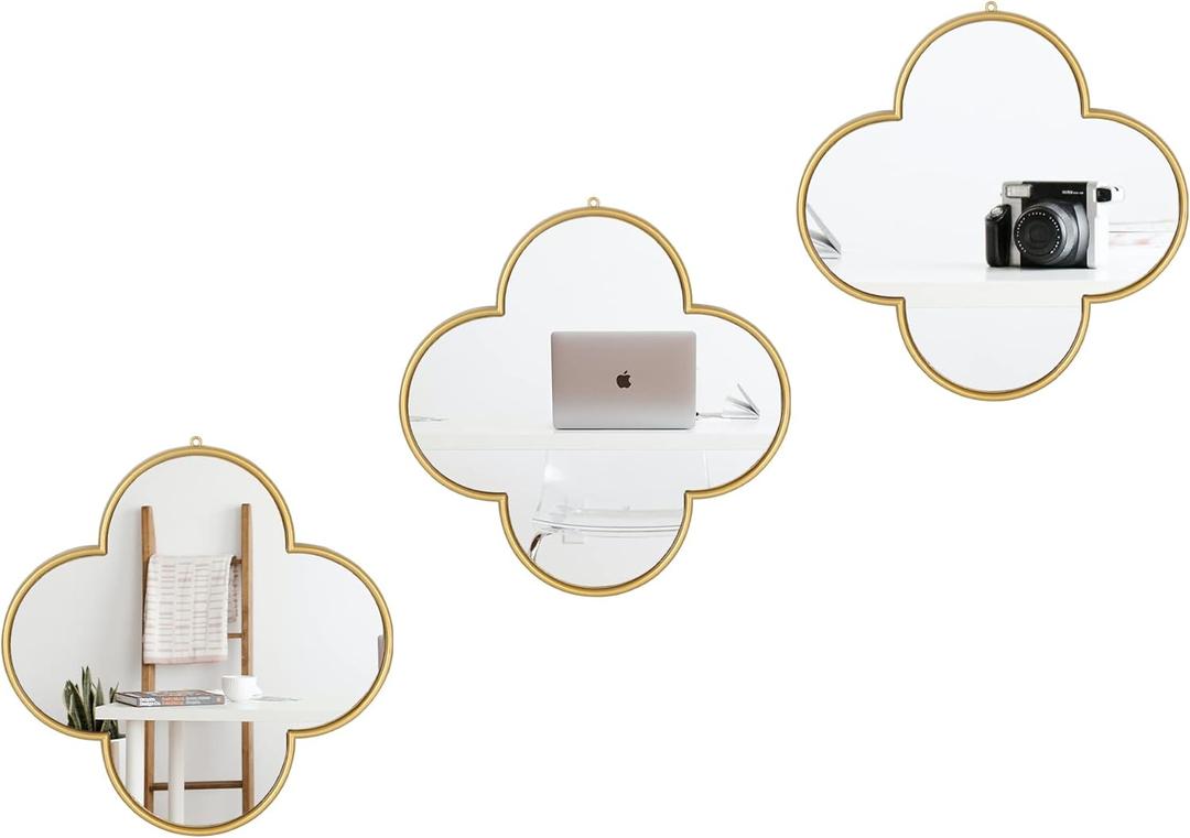 DECANIT Decorative Wall Mirrors Set of 3,Gold Clover Hanging Mirrors with Scalloped Frame for Living Room, Bedroom & Entryway, Accent Wall Decor