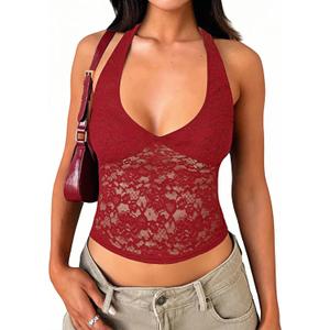 Matunana Women's Lace Halter Tops Going Out V Neck Crop Backless Sleeveless Tank Y2k Cute Sexy Shirt Summer Trendy 2026 (Red, S)