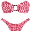 ZAFUL Women's Sexy Tie Spaghetti Strap Bikini Textured O Ring Ruched High Leg Swimsuit Cheeky Bathing Suits (4-red Grid, L)