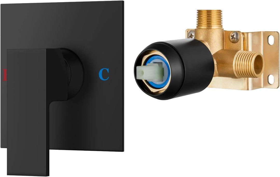 Airuida Square Single-Function Brass Faucet Shower Rough-in Valve Male Thread Bathroom Trim Kit Single Handle Tub Shower Valve 4.3 Inch Cover Plate Matte Black