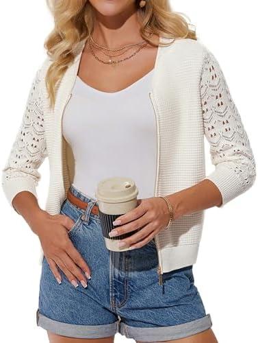 GRACE KARIN Womens Lightweight Summer Cardigan 3/4 Sleeve Cropped Cardigan Dressy Zip Up Sweaters Jacket Clothes L