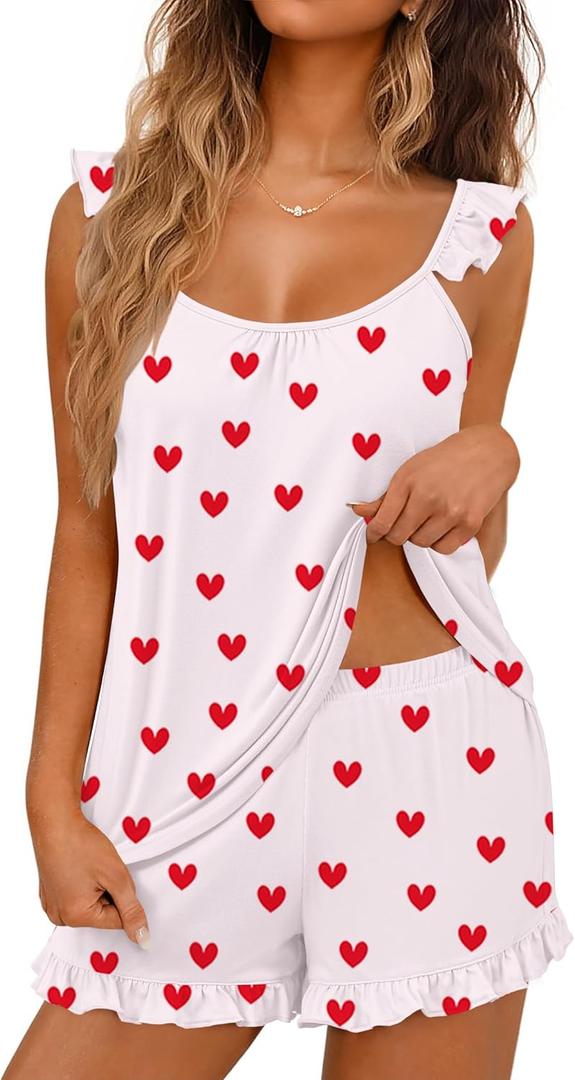 Ekouaer Pajama for Women Set 2 Piece Lightweight Summer Pajamas Soft Sexy Sleepwear Ruffle Cami and Shorts Bridal Pj, Large