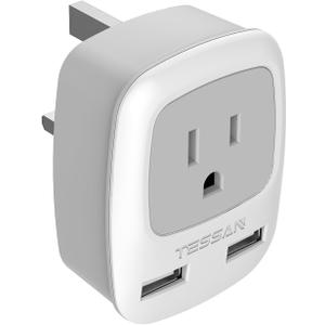TESSAN UK Adapters for Travel, Ireland Hong Kong Plug Adapter with 2 USB, Type G Outlet Adaptor Charger for USA to British England Scotland Irish Qatar London (2.6*2.8*2.3 inch)