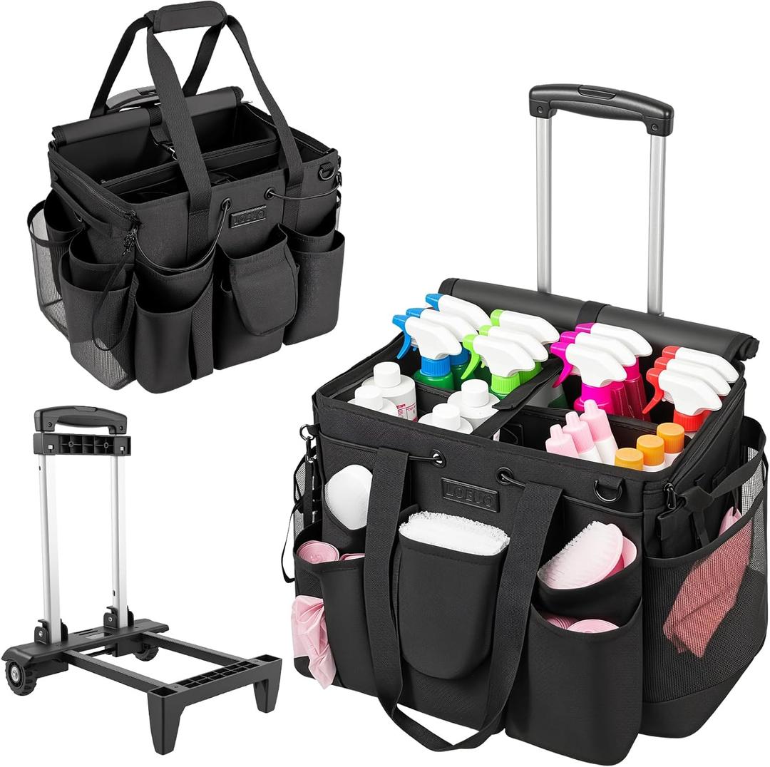 Large Cleaning Caddy for Cleaning Supplies Organizer, Rolling Cleaning Caddy Bags with Wheels for Housekeepers, Cleaning Carts on Wheels for Home Car Office Picnic (Black-black)