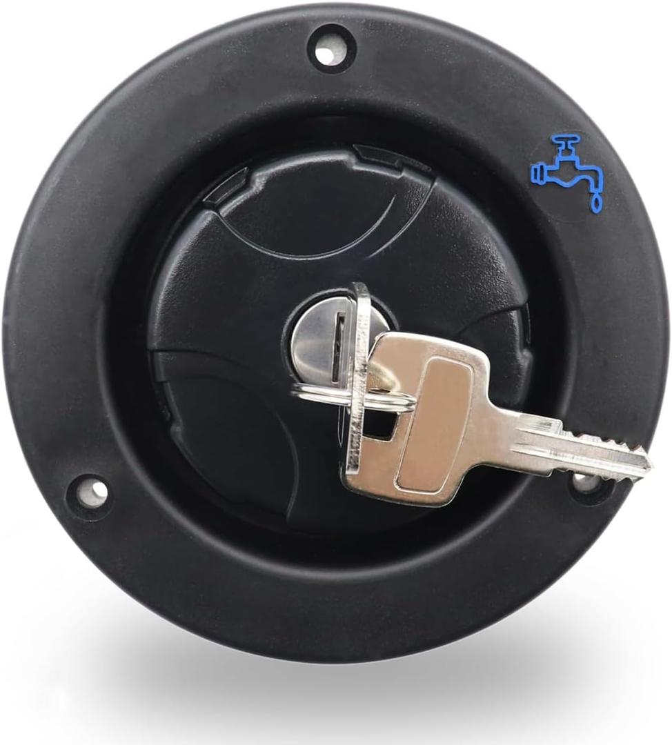 RV Fresh Water Inlet Lockable Plastic Gravity Inlet Filler Cap with Spring and Seal Ring Design Fill Hatch Replacement Kit Includes 2 Keys for RV Camper Water Tank Trailer Equipment (Black)