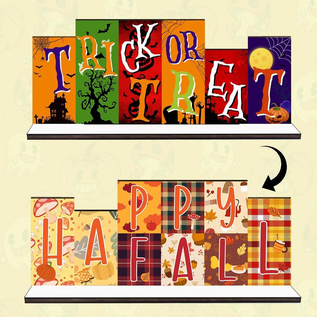 2 x Fall Halloween Office Decor Wooden Table Desk Sign Decorations Reversible Double Side Halloween and Autumn Tabletop Sign Fall Thanksgiving Centerpiece Farmhouse Decor for Home Office Party Desk (Turkey)