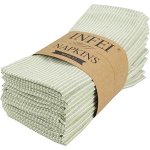 Narrow Striped Cotton Linen Blended Dinner Cloth Napkins - Set of 12 (40 x 30 cm) - for Events & Home Use (Green)