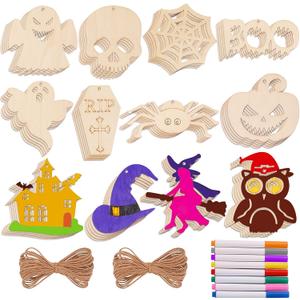 Max Fun 60PCS Halloween Crafts Painting Wooden Slices Cutouts Ornaments DIY Unfinished Pre-drilled Natural Wood for Kids Halloween Hanging Decorations