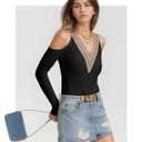 Womens Cold Shoulder Tunic Tops, Lace Trim V Neck Blouse Sexy Hollow Long Sleeve Shirts Trendy Dressy Casual (Black)