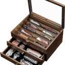 amoard Knife Display Case, Knife Collection Display Holder with Glass Lid, 3-Layer Wooden Pocket Knife Case with Drawers (Walnut)