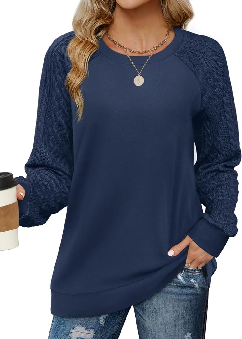 Saloogoe Sweatshirts for Women Crewneck Cable Knit Sleeve Sweaters Lightweight Fashion 2024 (Large, J-navy Blue)