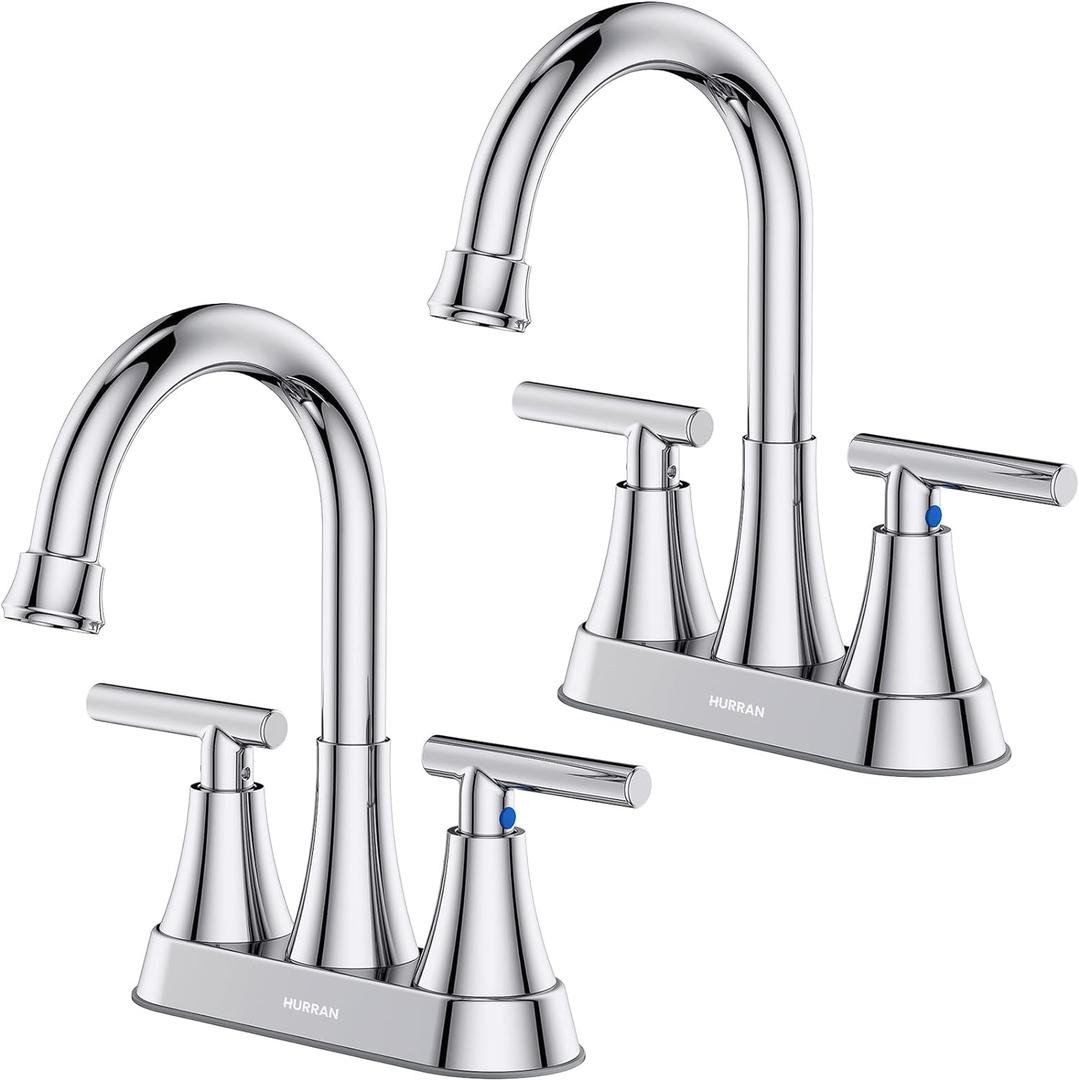 Bathroom Faucets for Sink 3 Hole, Hurran 4 inch Chrome Bathroom Sink Faucet with Pop-up Drain and Supply Hoses, Stainless Steel Lead-Free Centerset Utility Faucet for Vanity RV, 2 Pack