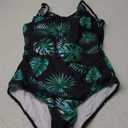 American Trends One Piece Swimsuit Women Criss Cross Back Color Block Print Bathing Suits Athletic Modest Swimwear (Medium, Black and green leaves)