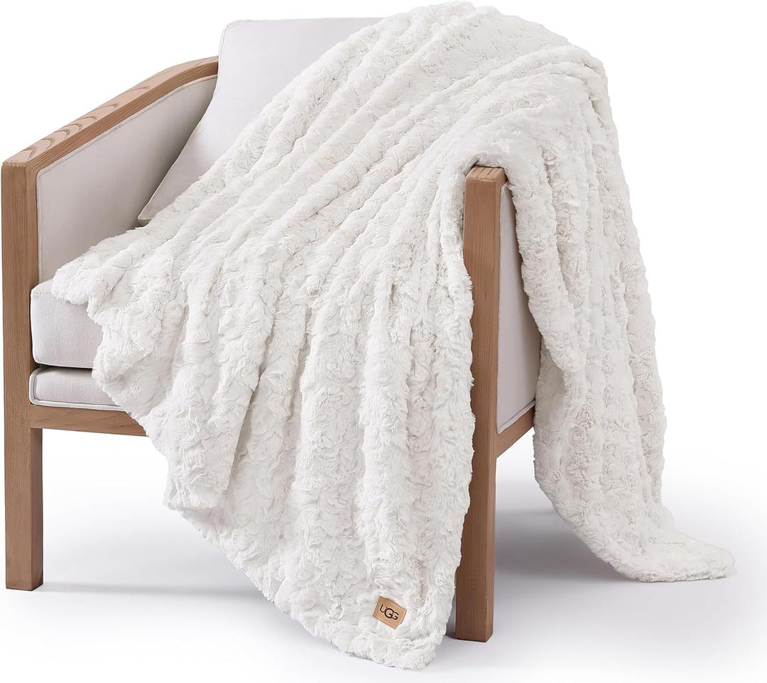 UGG Adalee Faux Fur Throw Blanket Luxury Lightweight Cozy Soft Throw for Couch Bed or Chair Hypoallergenic Machine Washable Double-Sided Fluffy Blanket Home Decor, 50-Inch x 70-Inch, Natural White