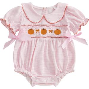 Baby Girl Halloween Outfit Newborn Pumpkin Romper Short Sleeve Onesie Infant Jumpsuit Smocked Baby Girl Clothes (6-12 Months, Pink)