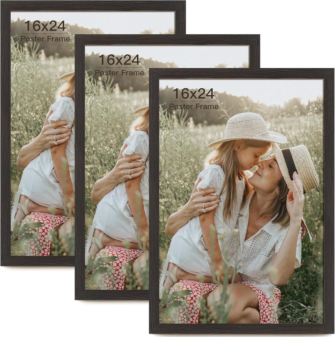 16x24 Frame Set of 3, Black Wood Grain 16x24 Poster Frame for Gallery Wall Mounting (3 Pack,Black)