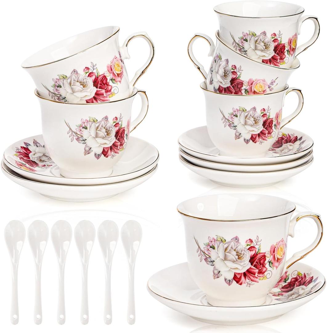 Tea Cups and Saucers Set of 6, 8 Oz Porcelain Floral Tea Cups with Gold Trim Spoon, Bone China Coffee Cup Saucer Gift Set for Cappuccino, Espresso, Latte, Cafe Mocha
