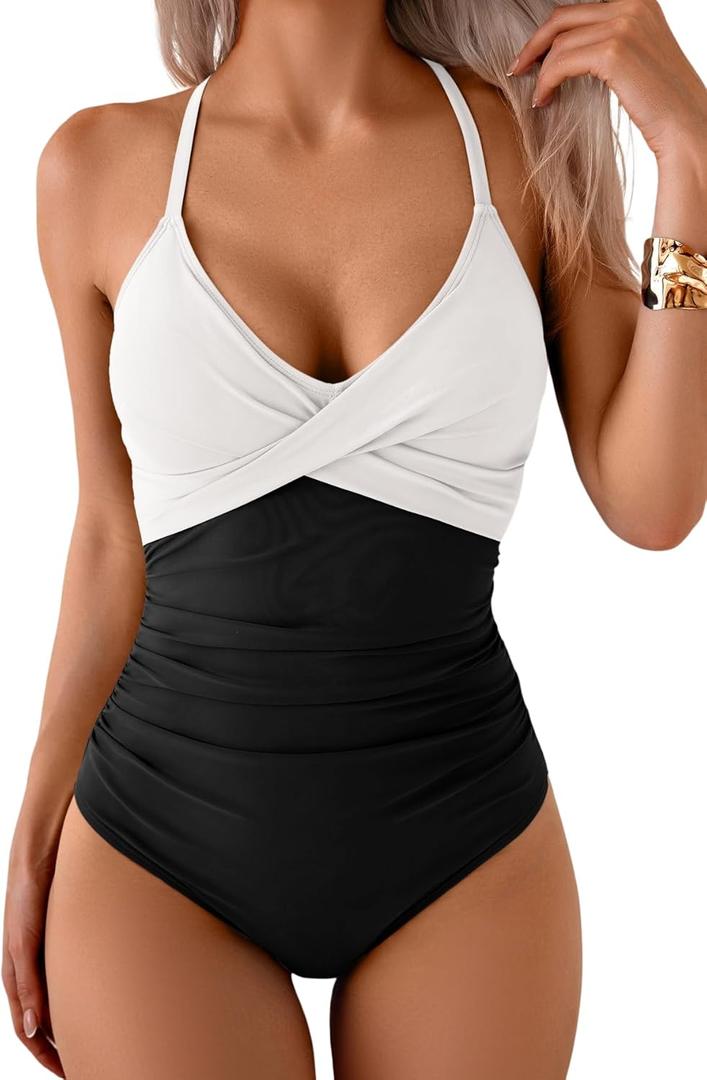 B2prity Women's One Piece Swimsuits Tummy Control Front Cross Bathing Suits Tie Back Slimming V Neck Swimwear (X-Large, White and Black)