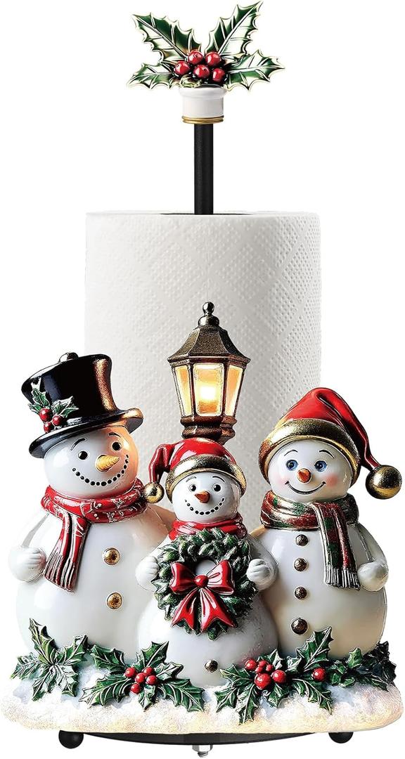 Thyle Winter Snowman Paper Towel Holder with Round Base Winter Bathroom Decor Rustic Snowman Family Dispenser Kitchen Paper Holder Stand for Christmas Xmas Countertop Toilet Home Accessories