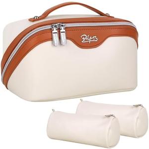 Travel Makeup Bag for Women Organizer: 3 Set Large Capacity Cosmetic Bags - Toiletry Bag with Divider, Beige