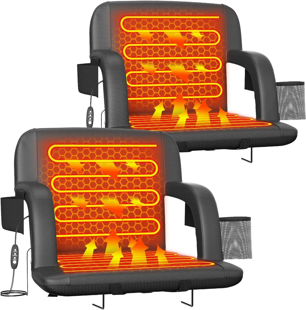 Suteck Dual-Side Heated Stadium Seats with Back Support, Wide Portable Stadium Chair, Foldable Bleacher Chair W/USB 3-Level Heating, 5 Storage Pockets for Outdoor Bleachers Camping Games, 21" Wide