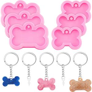 Patelai 6 Pcs Silicone Dog Tags Mold 2.5'' 2'' Resin Keychain Molds Dog Bone Tag Keychain with 10 Pcs Key Ring Kit Pink Epoxy Clay Mold for DIY Pet Tag Pendant Homemade Crafts Resin Casting