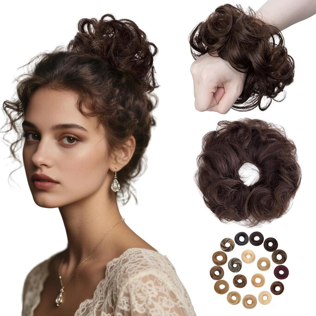 Messy Bun Hair Piece Human Hair, Human Hair Messy Bun Hair Piece for Women,100% Real Hair Bun Wig,Invisible Light and Soft Wavy-02 Dark Brown