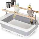 Bird Desktop Shower Perch with Bucket, Training Stand with Collapsible Plastic Tray Two Perches Double Feeder Cups, Table Bath Perches for Small to Medium Sized Parakeet Cockatiel Conure Budgies (Large, Grey)