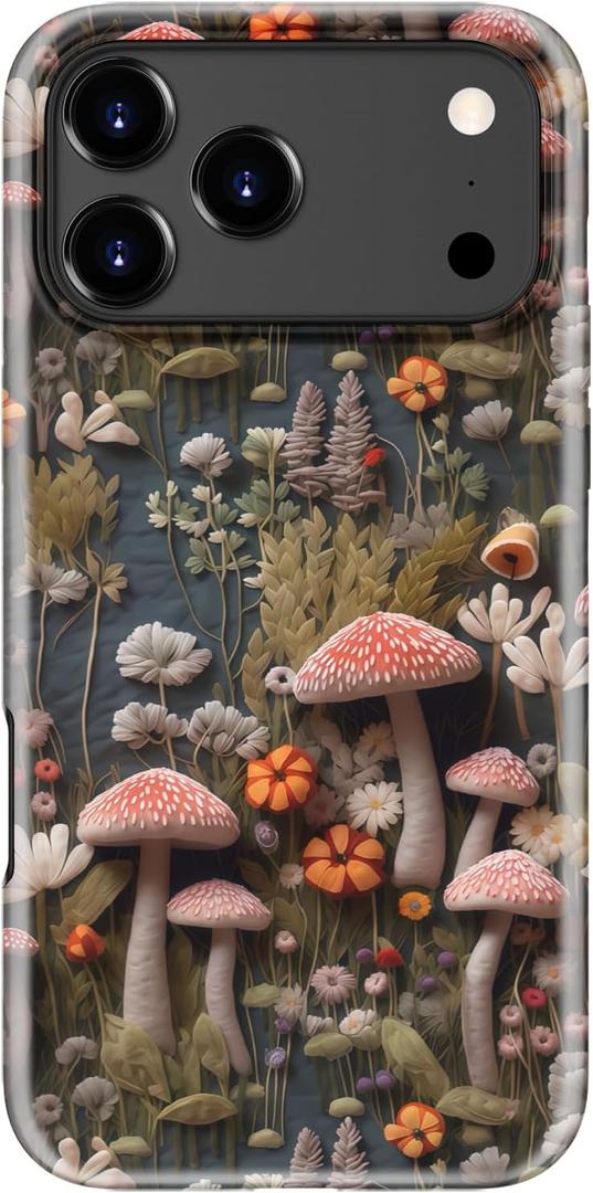 for iPhone 17 Pro Case, Wireless Charging Compatible, Dual-Layer Soft Silicone + Hard Shell with Cute Aesthetic Wildflower Design,Protective Phone Cover for Women - Mushroom Forest