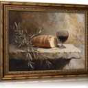 Vintage Gold Framed Still Life Wall Art, Christian Kitchen Communion Painting Canvas Prints, Bread Wine Olive Branch Religion Wall Decor, Classic Rustic Food Artwork for Living Room Kitchen Dining Room, 16x24in