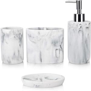 L'ARL GMVOI Bathroom Accessories Set,4 Pieces Marble Bathroom Vanity Countertop Accessory Set with Bathroom Toothbrush Holder Set,Soap Dispenser,Tumbler,Soap Dish for Bathroom Home Decor
