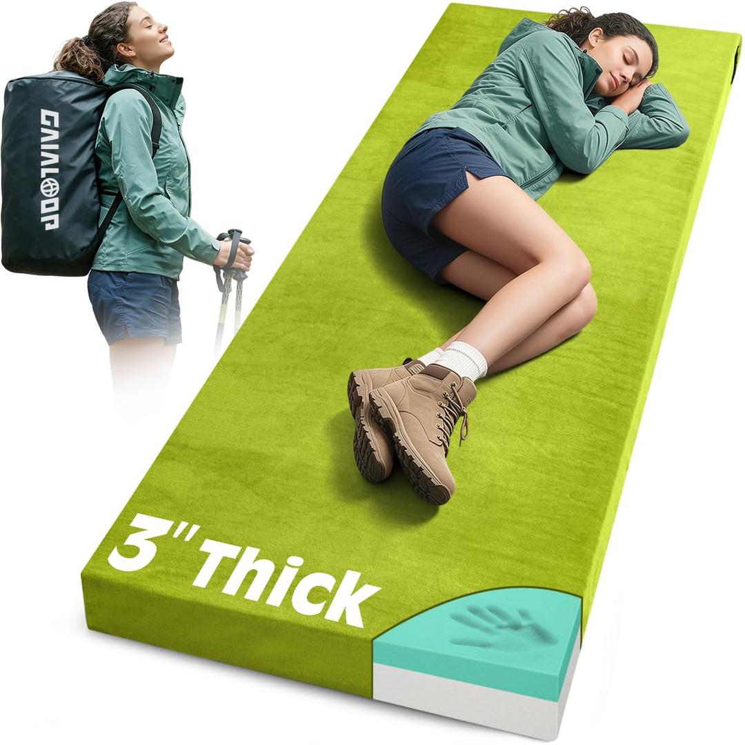 Memory Foam Cot Mattress, 3 Inch Camping Sleeping Pad, Avocado Green | Dual-Layer Memory Foam + Support Foam, 72 x 24 in Cot Size, Washable Cover, Non-Slip Bottom, Carry Bag and Straps