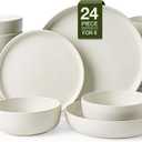 Famiware Milkyway Stoneware Dinnerware Sets with Pasta Bowls, Service for 6 (24 Pieces), Reactive Glaze Plates and Bowls Sets, Microwave and Dishwasher Safe Dishes Set, Matte Beige White