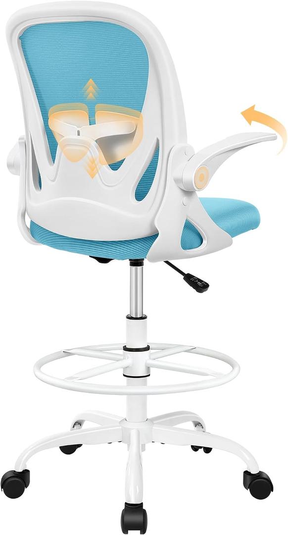 Primy Drafting Chair Tall Office Chair with Flip-up Armrests Executive Ergonomic Computer Standing Desk Chair with Lumbar Support and Adjustable Footrest RingBlue, 934-Z