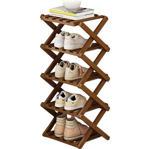 Folding Corner Shoe Rack, Entryway Shoes Rack, 2/3/4/5 Tiers Space Saving Wooden Shoes Organizer, Folding Free Installation Shoe Cabinet with Stable Construction Coffee 5 Layers