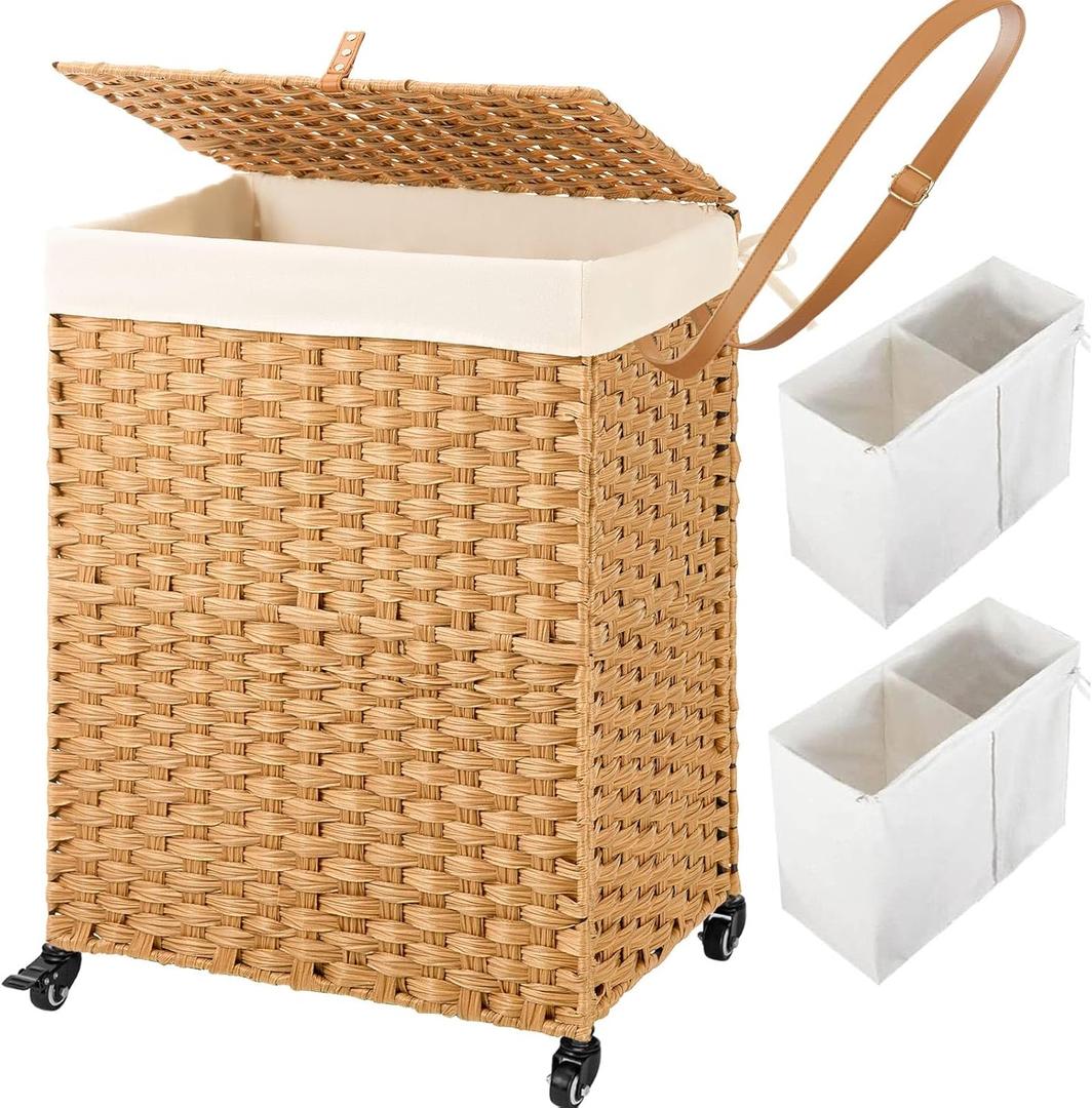 Greenstell Laundry Hamper with Wheels, No Install Needed, 90L Divided Handwoven Hampers & 2 Removable Liner Bags, Synthetic Rattan Clothes Laundry Basket with Lid & Handles, Foldable Hampers Natural (90L: 18.3x13.5x26.4 Inches)