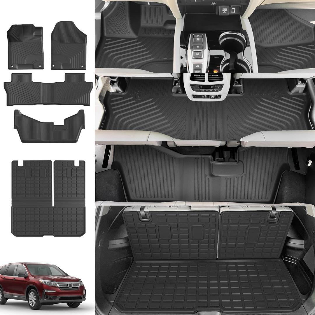 Xipoo 8 Seats Floor Mat Compatible with 2016-2022 Honda Pilot Cargo Mat TPE Trunk Cargo Liner Floor Liner Replacement for 2016-2022 Honda Pilot Accessories (Rear Cargo Mat with Backrest Mat+Floor Mat, Fit 2016-2022 Honda Pilot)