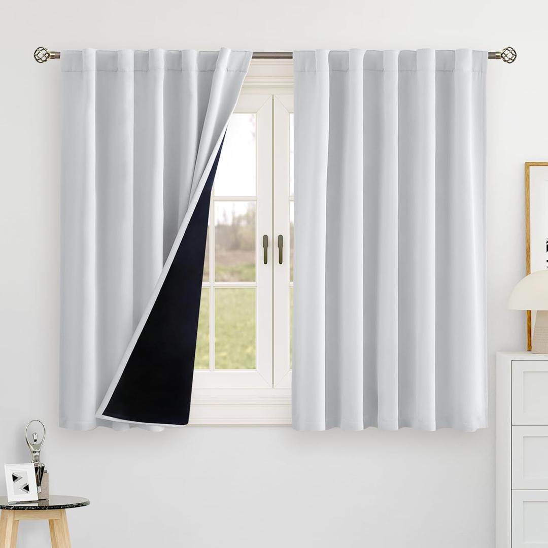 BGment 100% Blackout Curtains 40 Inch Length for Cafe, Rod Pocket and Back Tab Double Layer Thermal Insulated Full Room Darkening Bedroom Kitchen Curtains, 2 Window Panels, 42 x 40 Inch, Greyish White