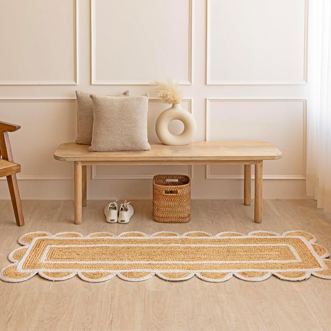 HOMEMONDE Scalloped Jute Runner Rug 2 x 6 ft - Natural Fiber Scallop Rug Rustic Vintage Braided Handwoven Indoor Carpet for Entryway/Kitchen/Bedroom/Living Room (Natural)