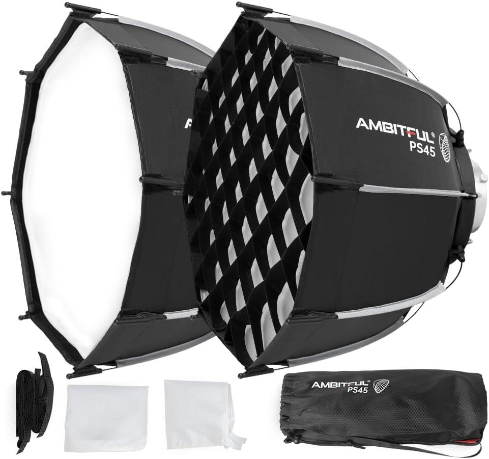 AMBITFUL 17.7"/45cm Parabolic Softbox, Bowens Mount Softbox, Quick Release with Grid for Godox SL60W SL60IID SL150III MS300 SK400II SK400IIV DP400III DP600III and Bowens Mount Light (1pcs)