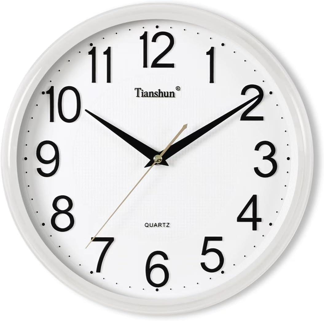 Wall Clock Silent Non-Ticking Battery Operated 12 Inch Wood Grain Large Easy to Read 3D Numbers for Office Living Room Bedroom Kitchen (White)